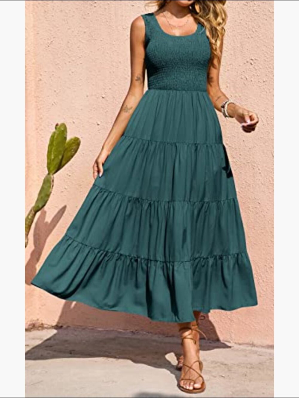 Womens Boho Smocked Maxi Dress Teal Casual Tiered Sleeveless Beach Flowy - Picture 4 of 4